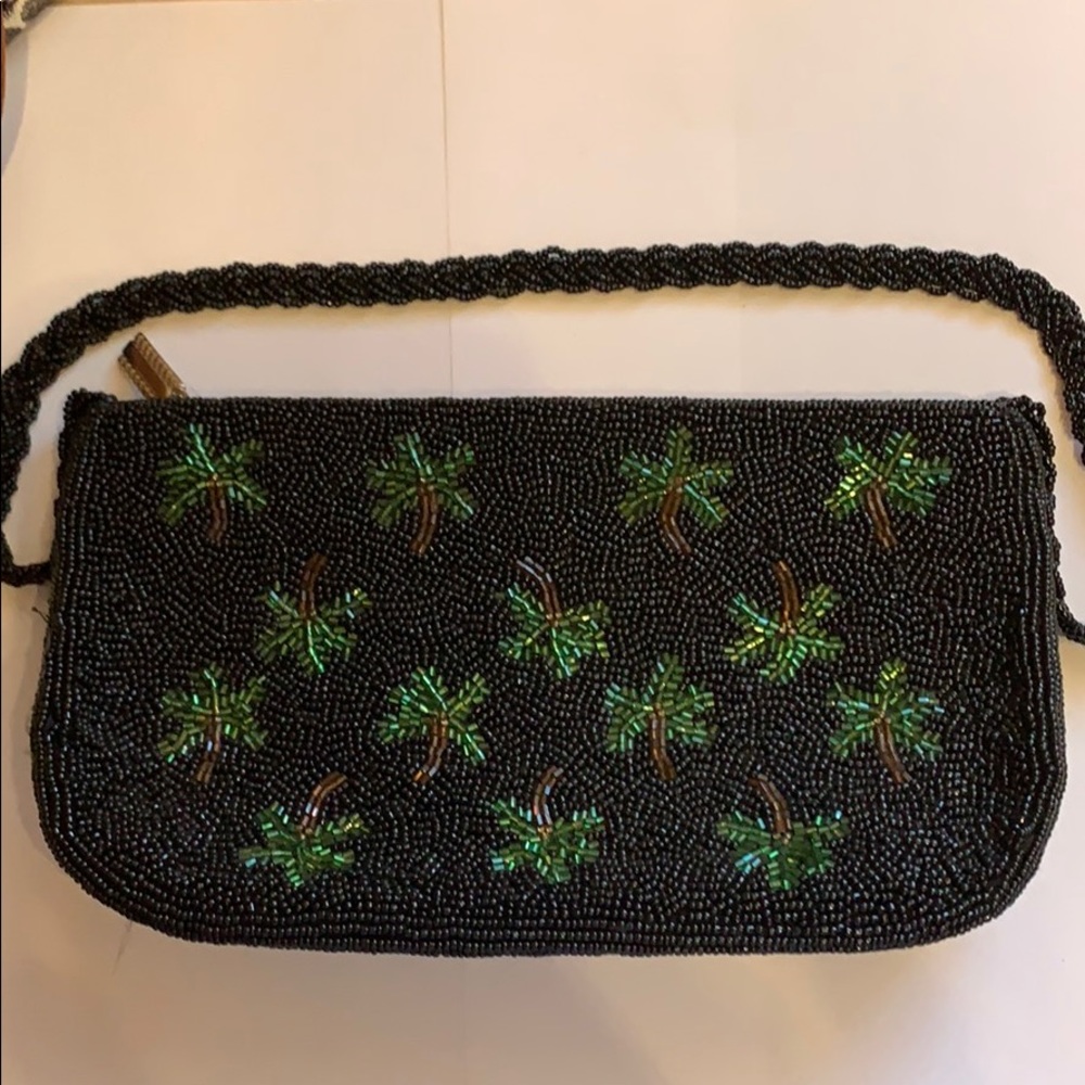 Black beaded purse/handbag with Palm trees